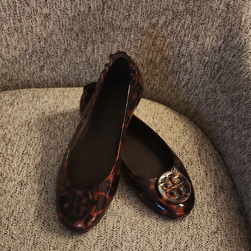 Tory Burch Tortoiseshell Glossy  Flats with Gold Logo